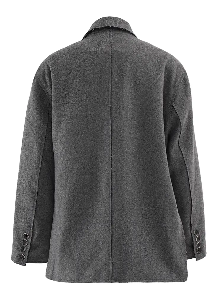 LANMREM Woolen Gray Blazers Women Notched Collar Long Sleeves Single Button Irregular Coats 2024 Winter New Office Lady 25A8452