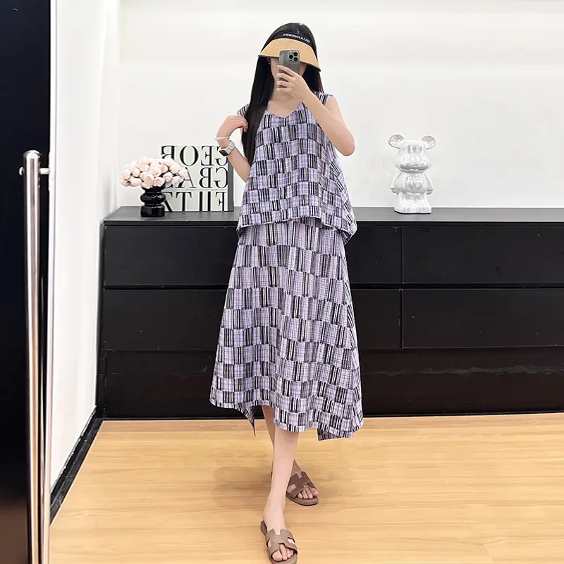 LANMREM Summer Pleated Women's Sleeveless Two Pieces Set Round Collar Loose Irregular T-shirt And Elastic Waist Skirt 2DB3773
