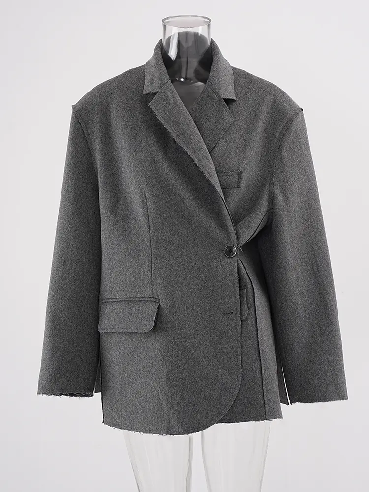 LANMREM Woolen Gray Blazers Women Notched Collar Long Sleeves Single Button Irregular Coats 2024 Winter New Office Lady 25A8452