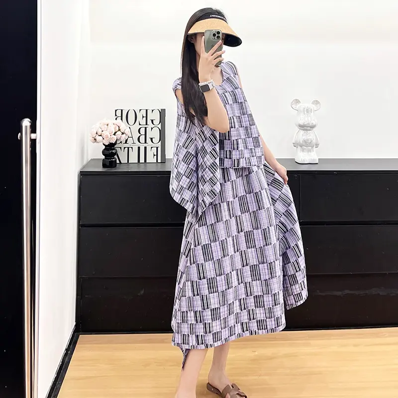 LANMREM Summer Pleated Women's Sleeveless Two Pieces Set Round Collar Loose Irregular T-shirt And Elastic Waist Skirt 2DB3773