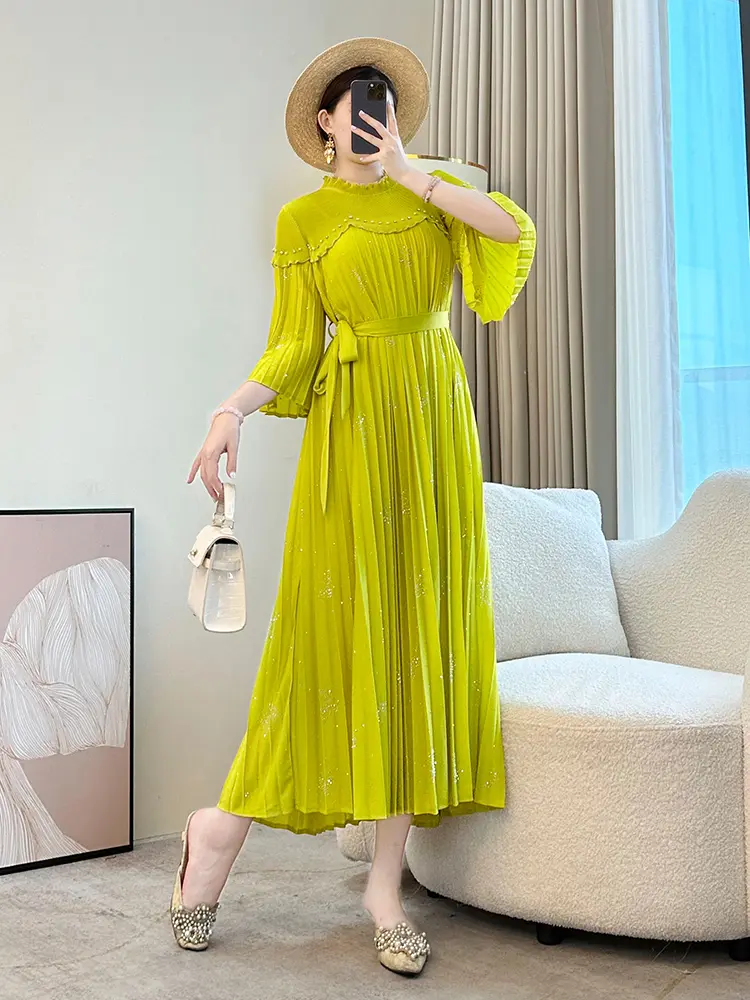 LANMREM Embroidered Flares Design Pleated Dress For Women 2025 New Stand Collar Bandage Tide Flare Sleeve Print Dresses 2DB3127