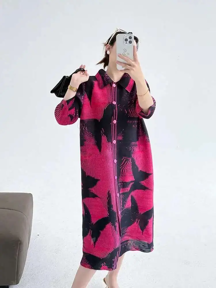 LANMREM Black Print Pleated Dress For Women Lapel Single Breasted Cardigan Lapel Loose Dresses Fashion 2025 Spring New 2DE356