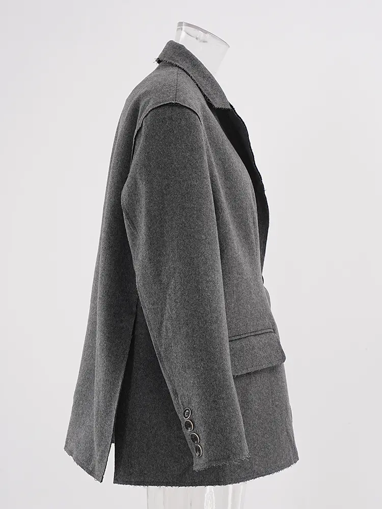 LANMREM Woolen Gray Blazers Women Notched Collar Long Sleeves Single Button Irregular Coats 2024 Winter New Office Lady 25A8452