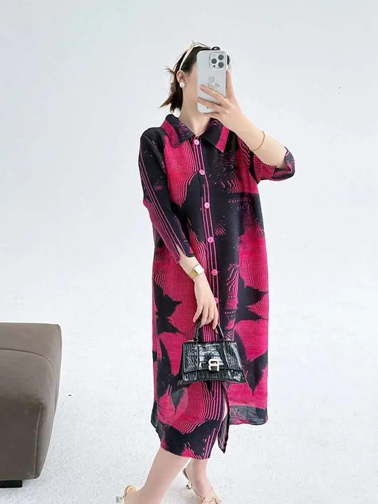 LANMREM Black Print Pleated Dress For Women Lapel Single Breasted Cardigan Lapel Loose Dresses Fashion 2025 Spring New 2DE356
