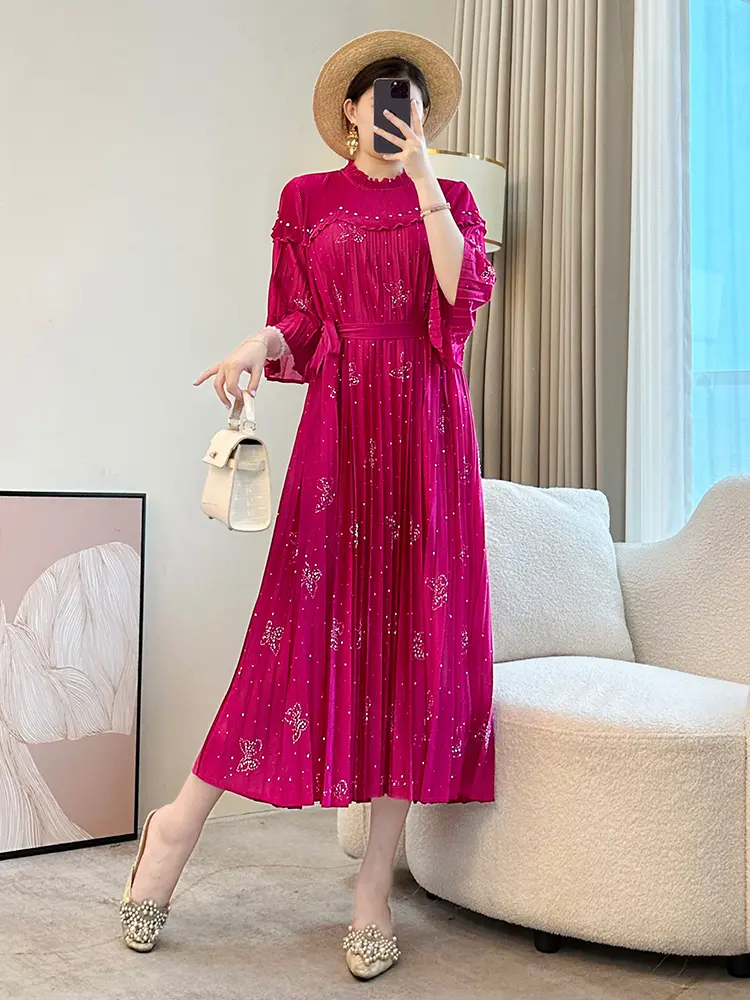 LANMREM Embroidered Flares Design Pleated Dress For Women 2025 New Stand Collar Bandage Tide Flare Sleeve Print Dresses 2DB3127