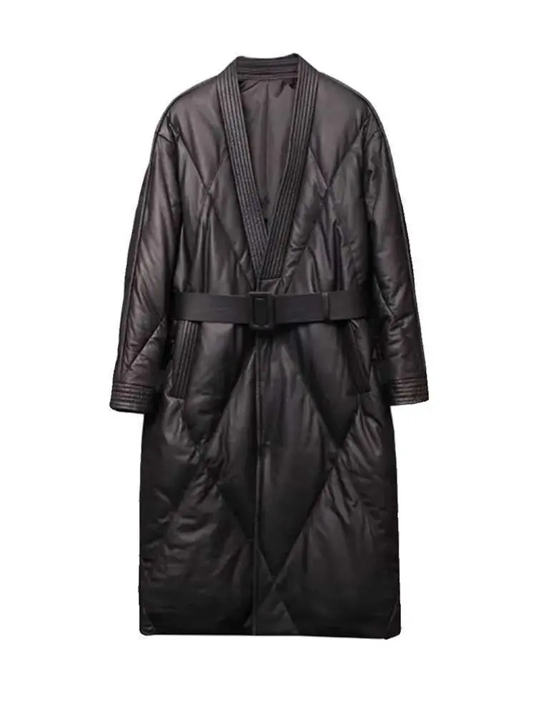 LANMREM Black Fashion Cotton Jacket V Neck Long Sleeves Belt Gathered Waist Female Classic Winter Clothing 2024 New 2DB1405