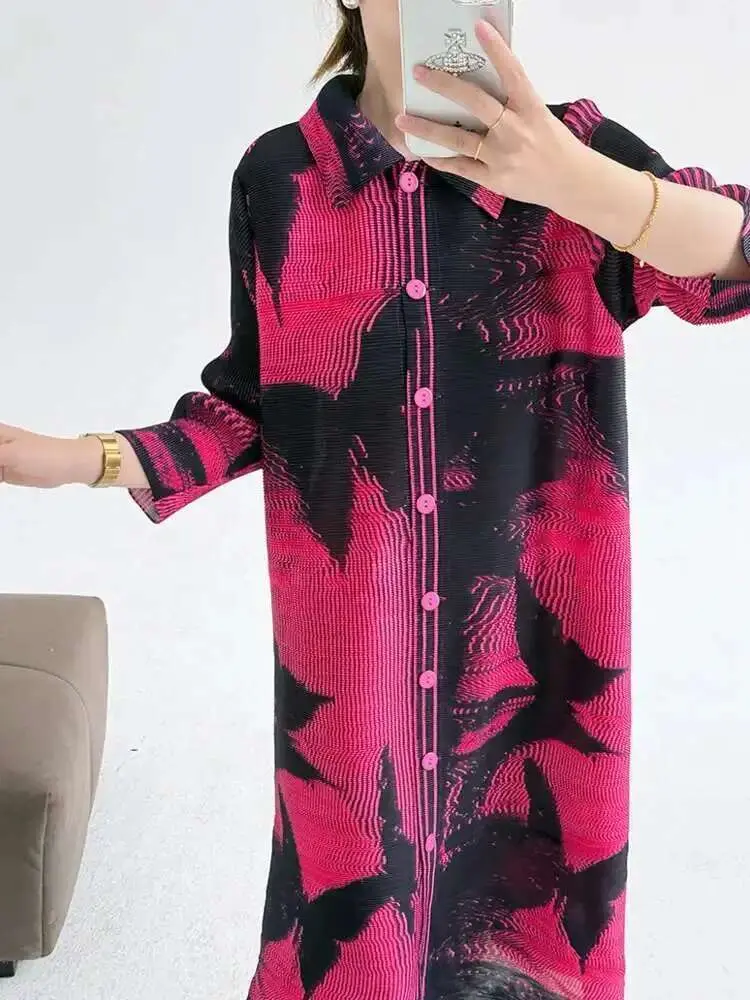 LANMREM Black Print Pleated Dress For Women Lapel Single Breasted Cardigan Lapel Loose Dresses Fashion 2025 Spring New 2DE356