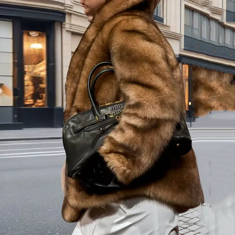 LANMREM Vintage Light Brown Women's Faux Fur Coat Chic New Lapel Winter Thick Windproof Warm Loose Big Size Short Jacket 2DB3881