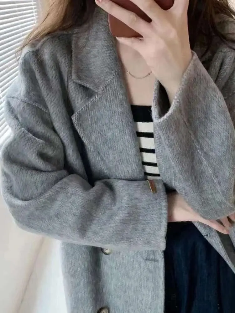 LANMREM High End Double Sided Wool Coat Notched Collar Double Breasted Loose Big Size Female Fashion Overcoat 2024 New 2DA8058