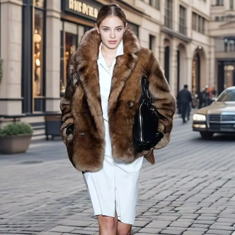 LANMREM Vintage Light Brown Women's Faux Fur Coat Chic New Lapel Winter Thick Windproof Warm Loose Big Size Short Jacket 2DB3881