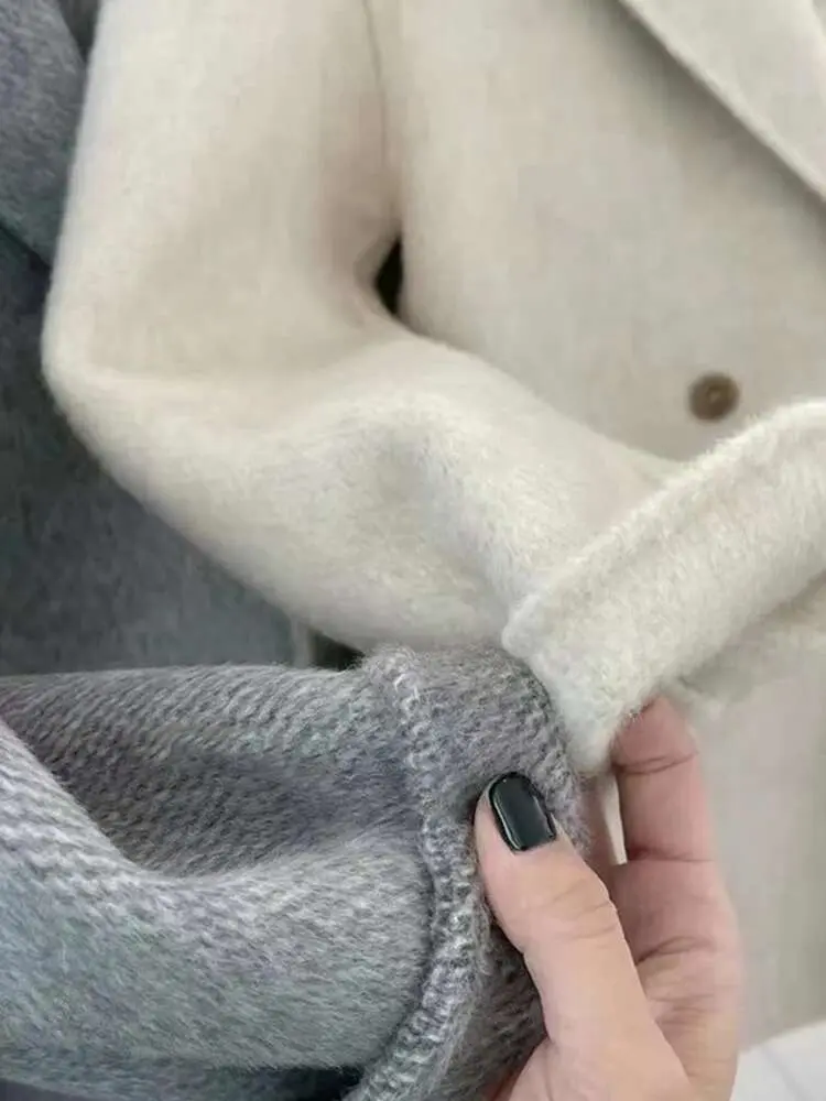 LANMREM High End Double Sided Wool Coat Notched Collar Double Breasted Loose Big Size Female Fashion Overcoat 2024 New 2DA8058