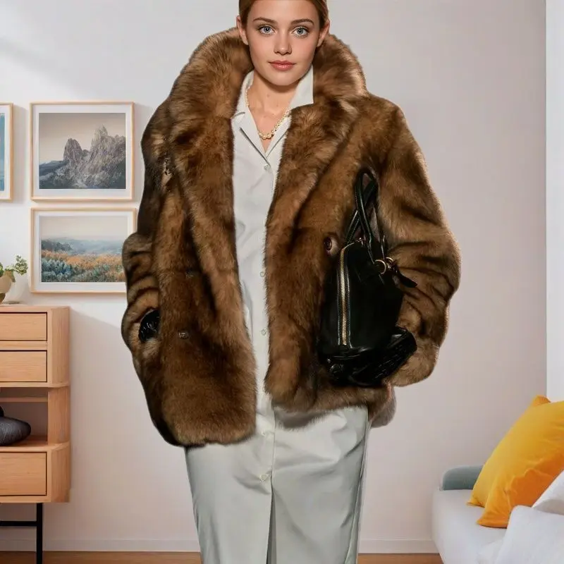 LANMREM Vintage Light Brown Women's Faux Fur Coat Chic New Lapel Winter Thick Windproof Warm Loose Big Size Short Jacket 2DB3881