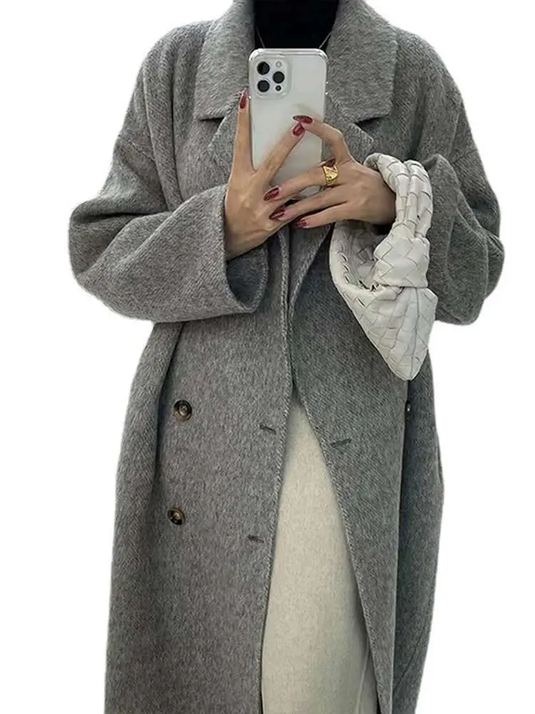 LANMREM High End Double Sided Wool Coat Notched Collar Double Breasted Loose Big Size Female Fashion Overcoat 2024 New 2DA8058