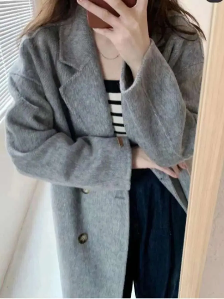 LANMREM High End Double Sided Wool Coat Notched Collar Double Breasted Loose Big Size Female Fashion Overcoat 2024 New 2DA8058