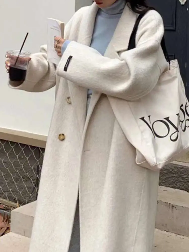 LANMREM High End Double Sided Wool Coat Notched Collar Double Breasted Loose Big Size Female Fashion Overcoat 2024 New 2DA8058