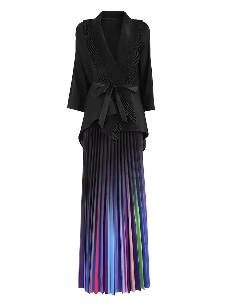 LANMREM Niche Design Pleated Women's Two-piece Sets Loose Cross Strap Shawl Top And Rainbow Pleated Long Skirt 2025 New 20252091