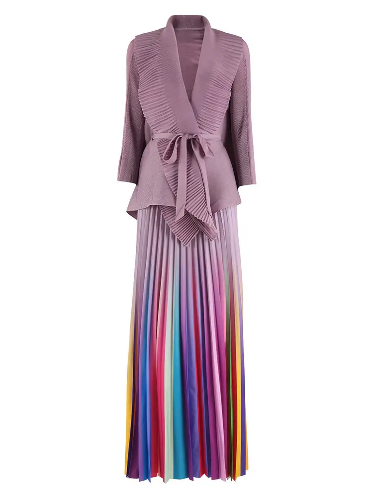 LANMREM Niche Design Pleated Women's Two-piece Sets Loose Cross Strap Shawl Top And Rainbow Pleated Long Skirt 2025 New 20252091