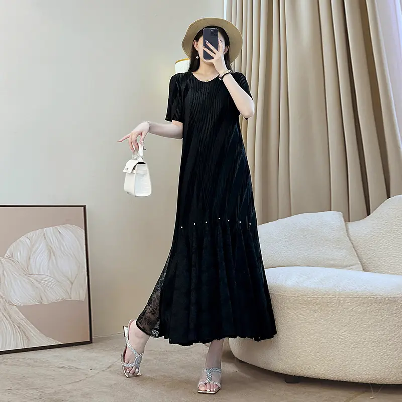 LANMREM Elastic Slimming Pleated Black Women's Dress Summer New Short Sleeve High-end Elegant Lace Patchwork Clothing 2DB3878