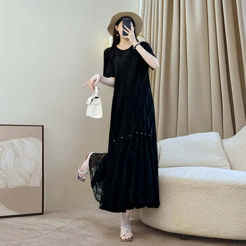 LANMREM Elastic Slimming Pleated Black Women's Dress Summer New Short Sleeve High-end Elegant Lace Patchwork Clothing 2DB3878