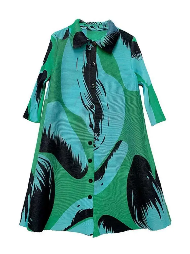 LANMREM Zebra Stripes Pleated Dress For Women Lapel Singel Breasted Printing Loose Dresses Fashion Clothing 2025 Spring 2R2577