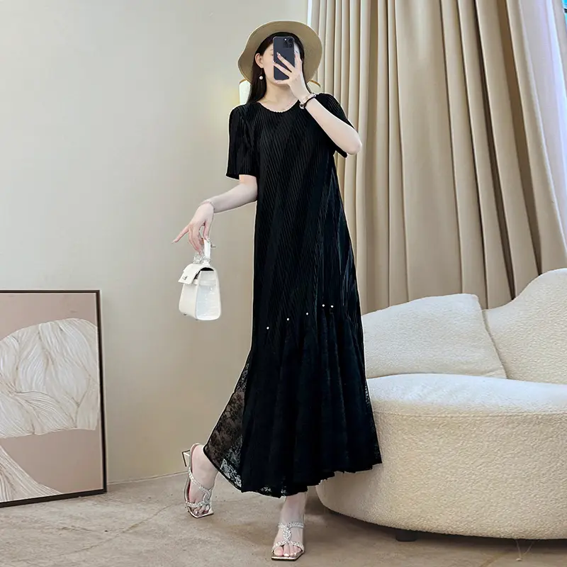 LANMREM Elastic Slimming Pleated Black Women's Dress Summer New Short Sleeve High-end Elegant Lace Patchwork Clothing 2DB3878