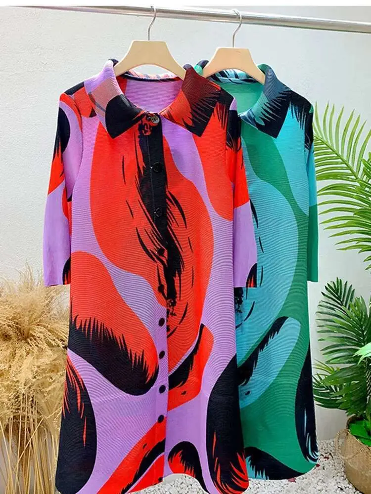 LANMREM Zebra Stripes Pleated Dress For Women Lapel Singel Breasted Printing Loose Dresses Fashion Clothing 2025 Spring 2R2577