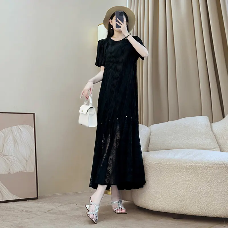 LANMREM Elastic Slimming Pleated Black Women's Dress Summer New Short Sleeve High-end Elegant Lace Patchwork Clothing 2DB3878