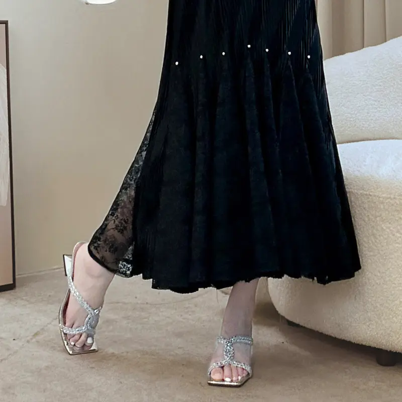 LANMREM Elastic Slimming Pleated Black Women's Dress Summer New Short Sleeve High-end Elegant Lace Patchwork Clothing 2DB3878