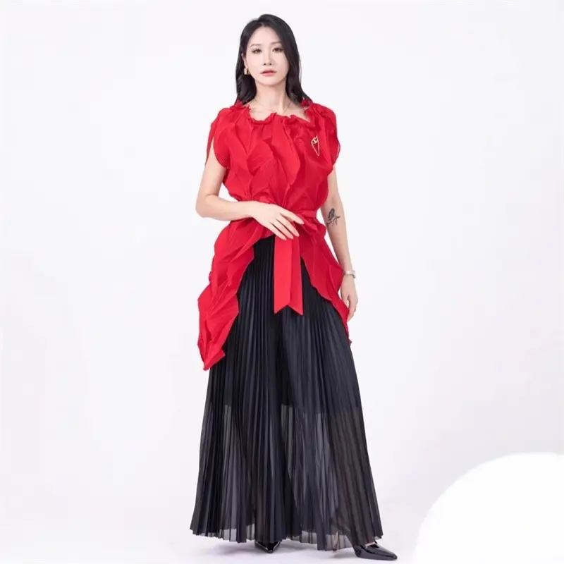 LANMREM Fashion Pleated Two Pieces Set Chic New 2025 Elegant Irregular Short Sleeve Top And Elastic Waist Wide Leg Pants 2DB4225