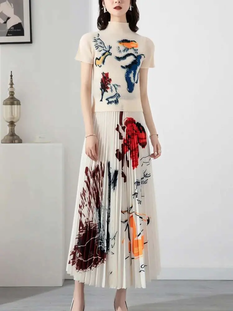 LANMREM Two Pieces Skirt Set For Women Turtleneck Short Sleeve T-shirt With Long Printing Pleated Skirts Female Elegant 2R2425