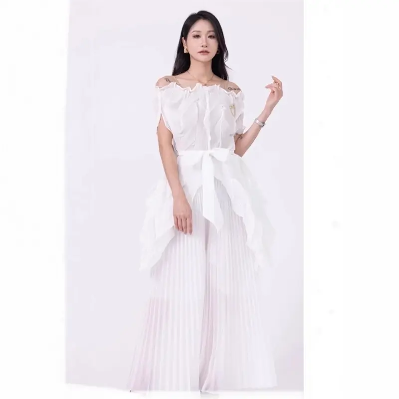 LANMREM Fashion Pleated Two Pieces Set Chic New 2025 Elegant Irregular Short Sleeve Top And Elastic Waist Wide Leg Pants 2DB4225