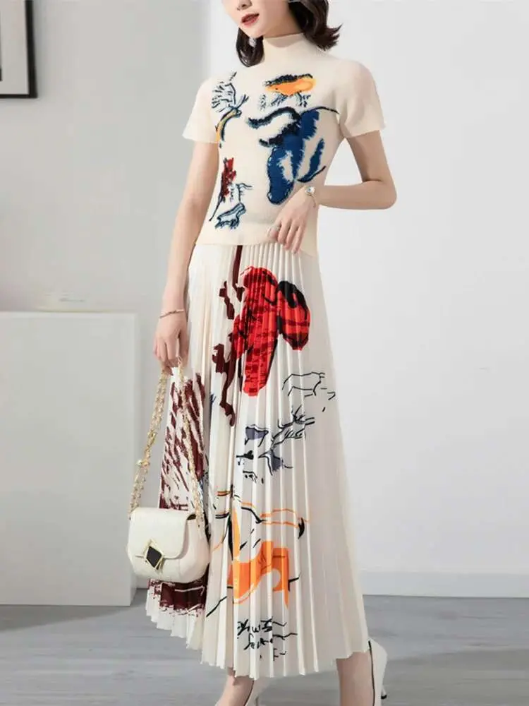LANMREM Two Pieces Skirt Set For Women Turtleneck Short Sleeve T-shirt With Long Printing Pleated Skirts Female Elegant 2R2425