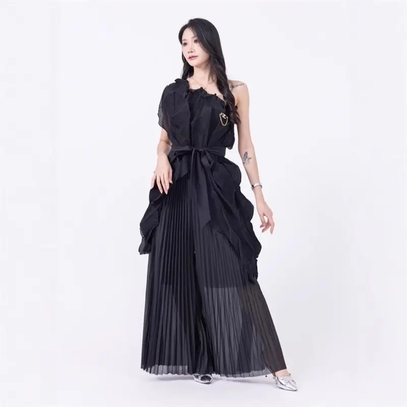 LANMREM Fashion Pleated Two Pieces Set Chic New 2025 Elegant Irregular Short Sleeve Top And Elastic Waist Wide Leg Pants 2DB4225