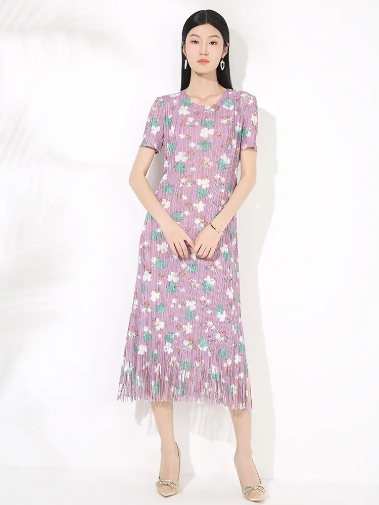 LANMREM Folded Summer New Women's Dress Print Floral Temperament Simple Short Sleeved Tassel Spliced Pleated Dresses 2DB3520