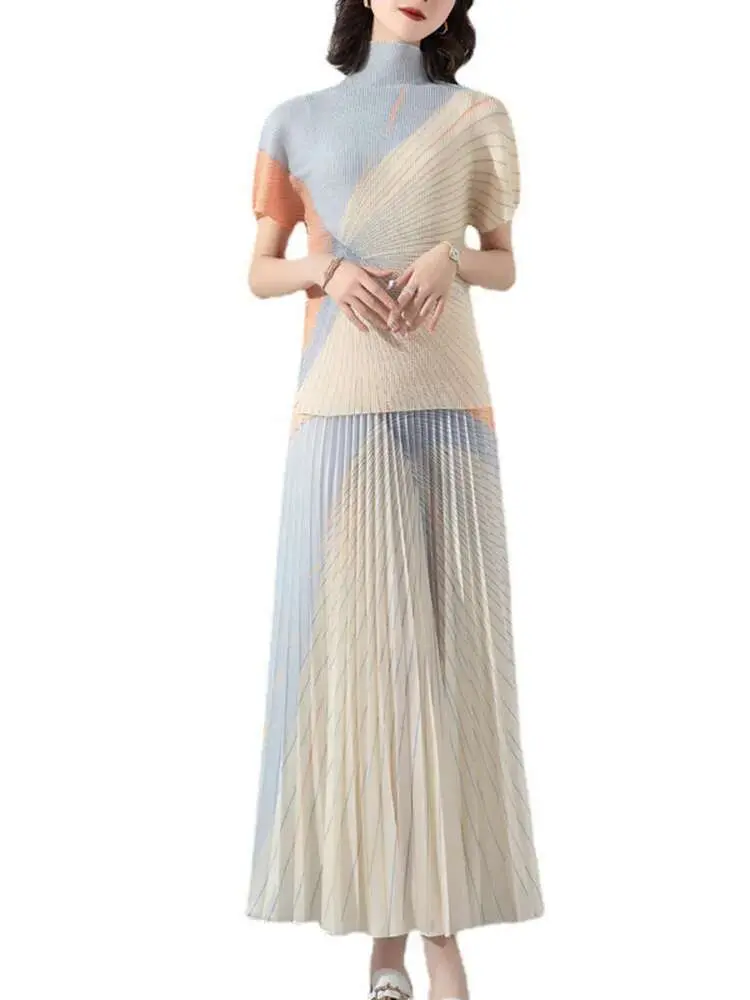 LANMREM Two Pieces Skirt Set For Women Turtleneck Short Sleeve T-shirt With Long Printing Pleated Skirts Female Elegant 2R2425