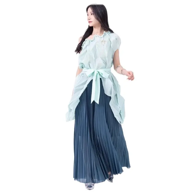 LANMREM Fashion Pleated Two Pieces Set Chic New 2025 Elegant Irregular Short Sleeve Top And Elastic Waist Wide Leg Pants 2DB4225