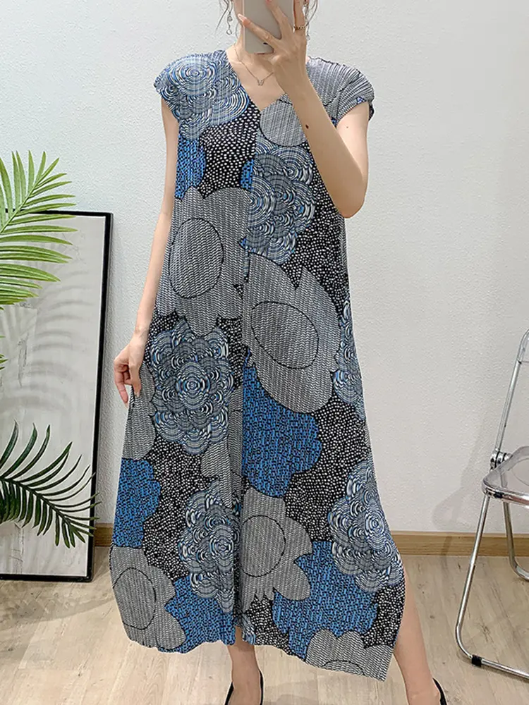 LANMREM Printed Yellow Dress 2025 Summer New Pleated Sleeveless Famale Casual Loose Dresses Vacation Style Clothing Chic 2DB3442