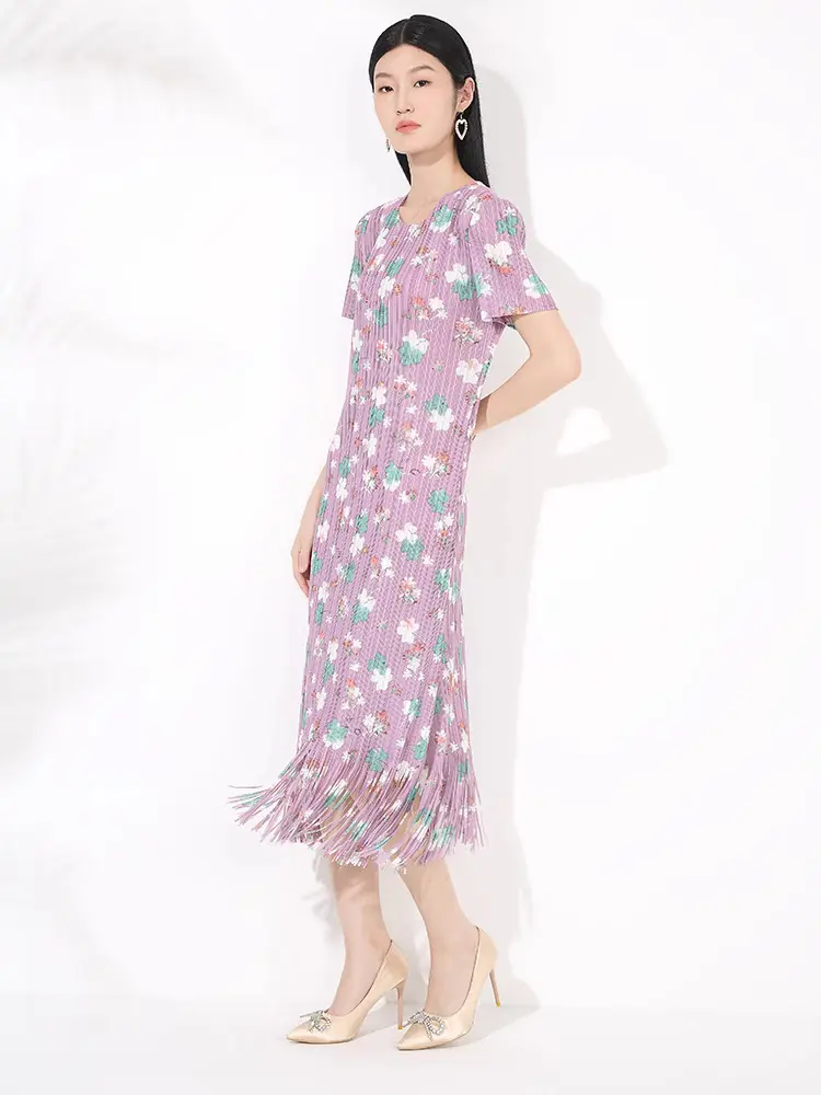 LANMREM Folded Summer New Women's Dress Print Floral Temperament Simple Short Sleeved Tassel Spliced Pleated Dresses 2DB3520