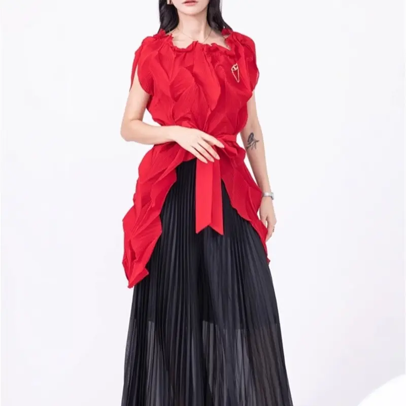 LANMREM Fashion Pleated Two Pieces Set Chic New 2025 Elegant Irregular Short Sleeve Top And Elastic Waist Wide Leg Pants 2DB4225