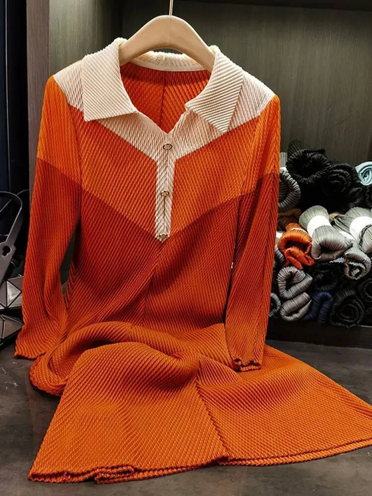 LANMREM Colorblock Patchwork Design Pleated Dress For Women 2025 New Laple Pullover Long Sleeve Straight Dresses Chic 2DB2814