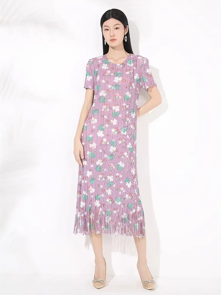 LANMREM Folded Summer New Women's Dress Print Floral Temperament Simple Short Sleeved Tassel Spliced Pleated Dresses 2DB3520
