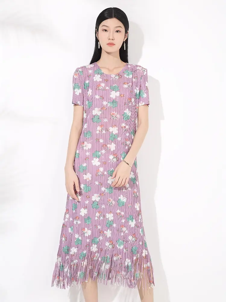 LANMREM Folded Summer New Women's Dress Print Floral Temperament Simple Short Sleeved Tassel Spliced Pleated Dresses 2DB3520