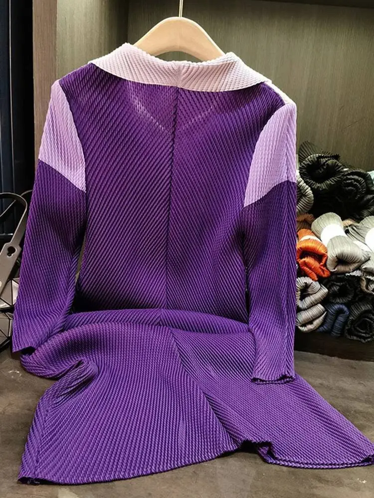 LANMREM Colorblock Patchwork Design Pleated Dress For Women 2025 New Laple Pullover Long Sleeve Straight Dresses Chic 2DB2814