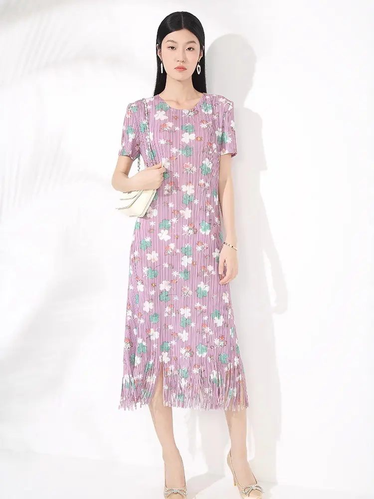 LANMREM Folded Summer New Women's Dress Print Floral Temperament Simple Short Sleeved Tassel Spliced Pleated Dresses 2DB3520