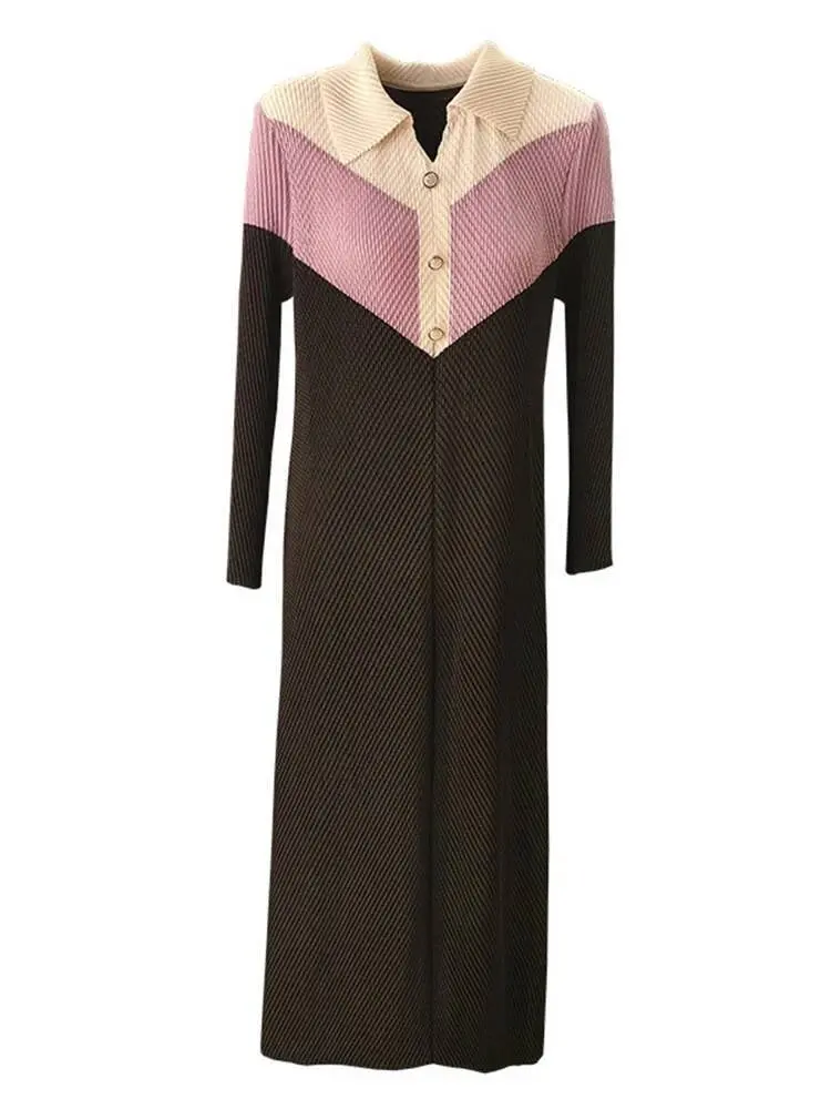 LANMREM Colorblock Patchwork Design Pleated Dress For Women 2025 New Laple Pullover Long Sleeve Straight Dresses Chic 2DB2814