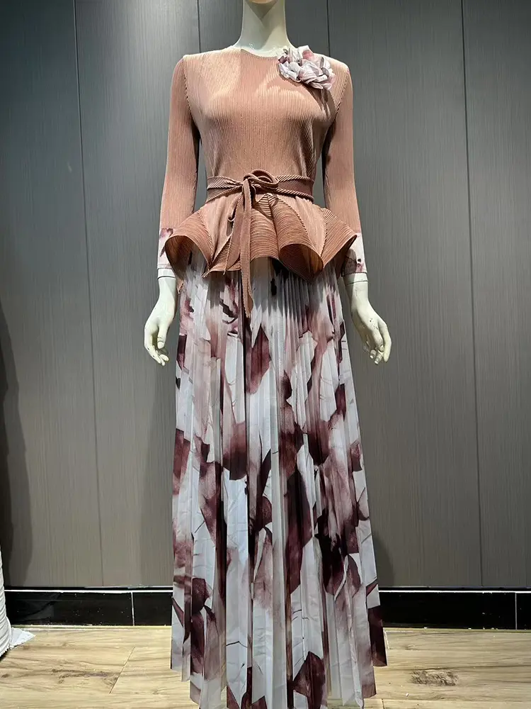 LANMREM 2 Pieces Set Women Fashion Ruffle Hem Flower Pleated T-shirt + Long Printing Skirt Female Trendy Clothing New 2DB2426