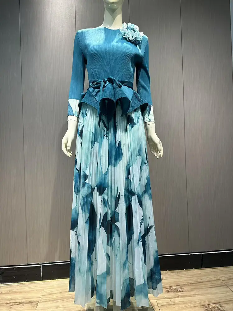 LANMREM 2 Pieces Set Women Fashion Ruffle Hem Flower Pleated T-shirt + Long Printing Skirt Female Trendy Clothing New 2DB2426