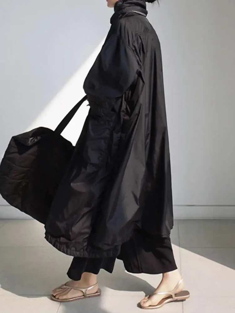 LANMREM 2024 Winter New Plush Long Coat Women Vintage Stand Collar Drawstring Solid Color Loose Clothing Fashion 2AA2726