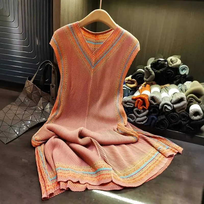 LANMREM Summer Ethnic Style Simple Dragon Scale Pleated Dress Women's High Elastic Colorblock Printting V-neck Clothing 2DB3967