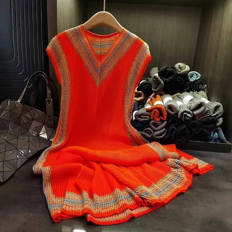 LANMREM Summer Ethnic Style Simple Dragon Scale Pleated Dress Women's High Elastic Colorblock Printting V-neck Clothing 2DB3967